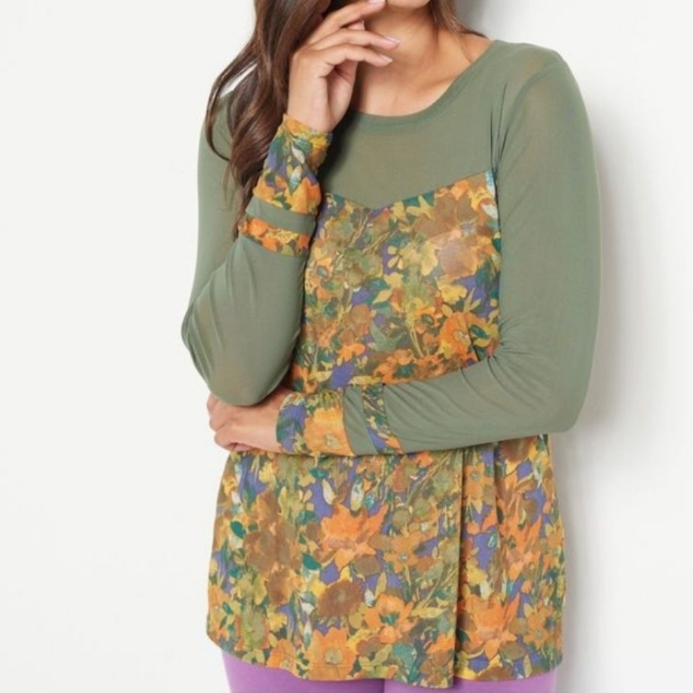 LOGO Layers‎ by Lori Goldstein Floral Sheer Mesh Longsleeve Top Size 1X